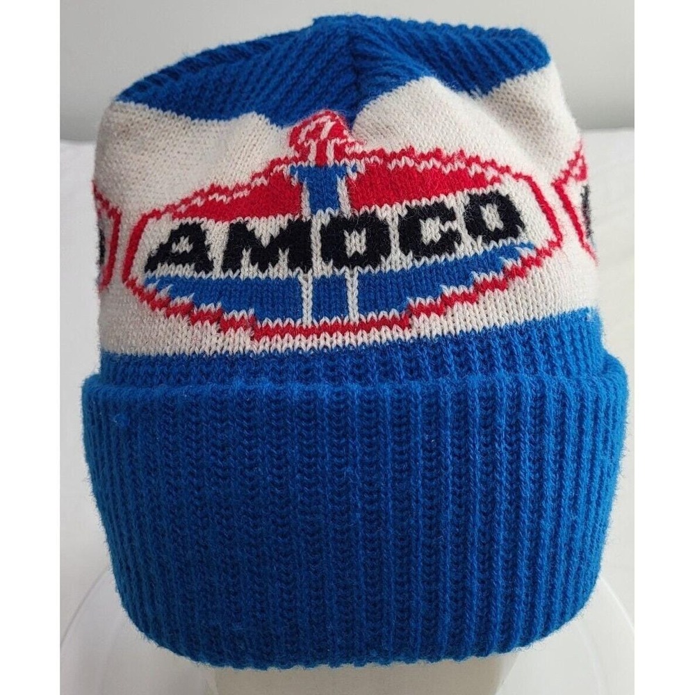 Amoco Winter‎ Stocking Hat Blue Cap Advertising Beanie Petroleum Gas Vintage